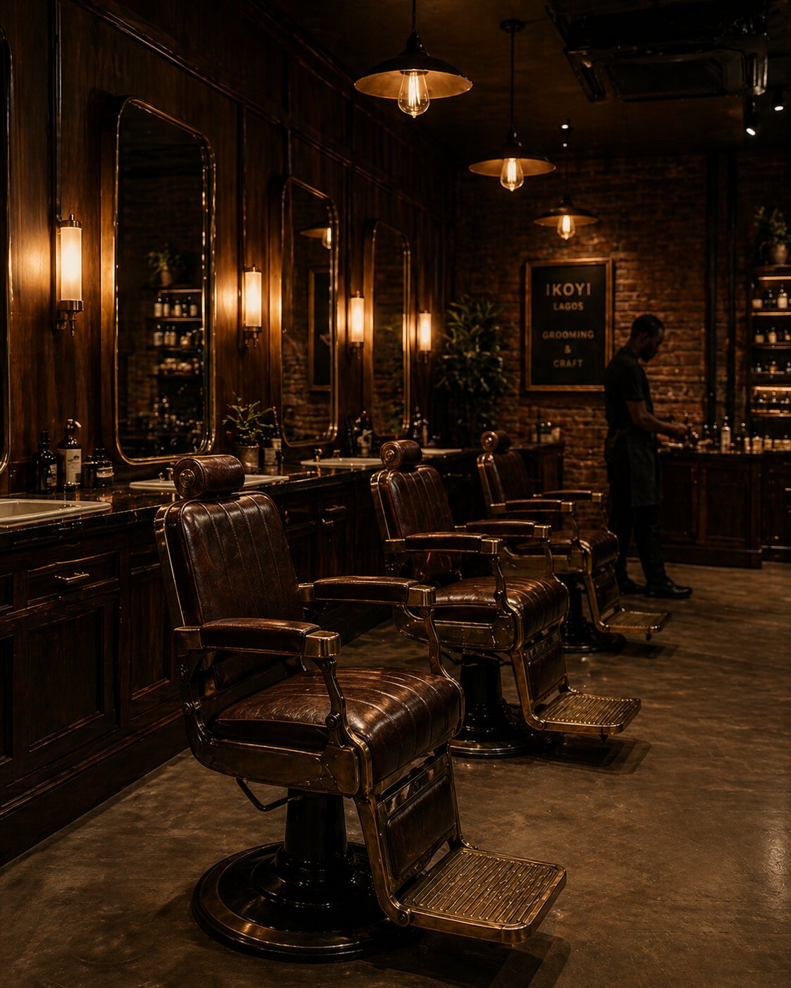 Inside The Cut Room: brass barber chairs, leather, and warm light
